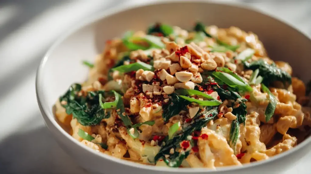 Blumenkohl-Pasta in pikanter Erdnussbuttersoße Blumenkohl-Pasta in pikanter Erdnussbuttersoße serviert mit Spinat und Erdnüssen in einer Schüssel