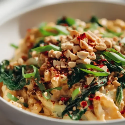 Blumenkohl-Pasta in pikanter Erdnussbuttersoße serviert mit Spinat und Erdnüssen in einer Schüssel