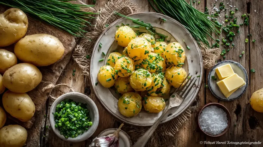 Zutaten für klassische Bratkartoffeln mit Kartoffeln, Butter und Pfanne