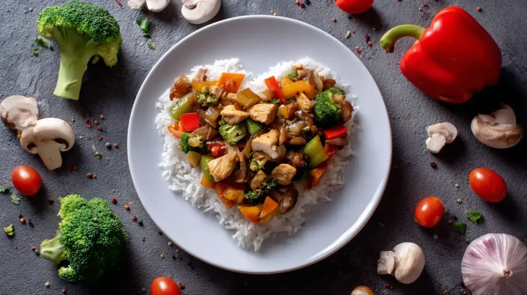 Serviervorschlag Chop Suey mit Hähnchen und Gemüse, appetitlich angerichtet