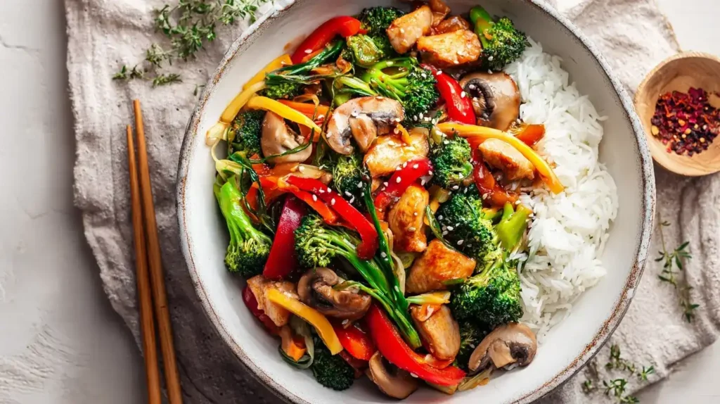 Bunte Chop Suey Gemüsepfanne mit Hähnchen, serviert mit Reis