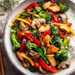 Bunte Chop Suey Gemüsepfanne mit Hähnchen, serviert mit Reis