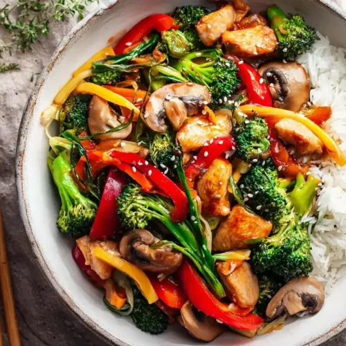 Bunte Chop Suey Gemüsepfanne mit Hähnchen, serviert mit Reis