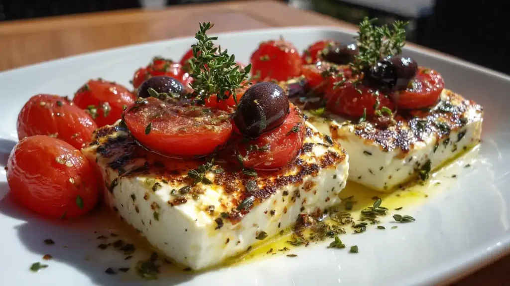 Feta-Tomaten-Päckchen vom Grill mit Tomaten, Oliven und Oregano serviert