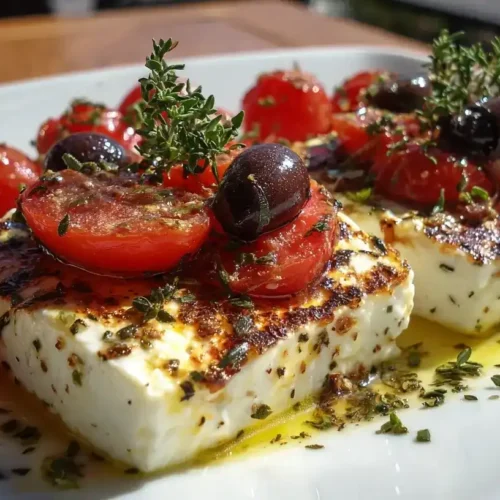 Feta-Tomaten-Päckchen vom Grill mit Tomaten, Oliven und Oregano serviert