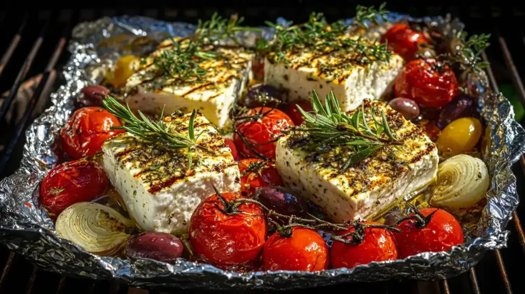 Frische Zutaten für Feta-Tomaten-Päckchen – Feta, Tomaten, Oliven, Oregano