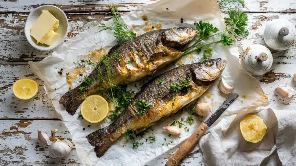 Zubereitung von Forelle im Backofen – Füllen mit Kräuterbutter und Zitrone auf Backblech
