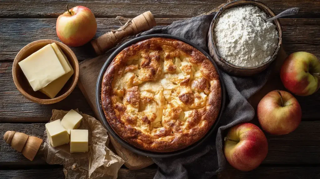 Saftiger gedeckter Apfelkuchen, Stück herausgeschnitten, Apfelfüllung sichtbar