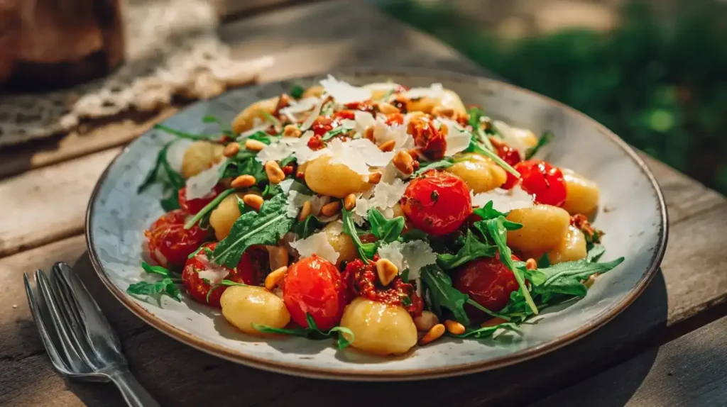 Rotes Dressing aus halbgetrockneten Tomaten, Basilikum und Peperoni für Gnocchi-Salat