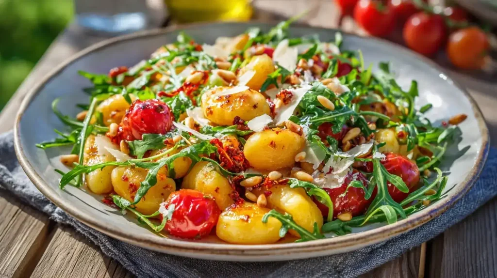 Gnocchi-Salat mit Tomaten, Rucola, Pinienkernen und Parmesan auf Teller