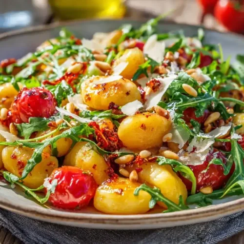 Gnocchi-Salat mit Tomaten, Rucola, Pinienkernen und Parmesan auf Teller