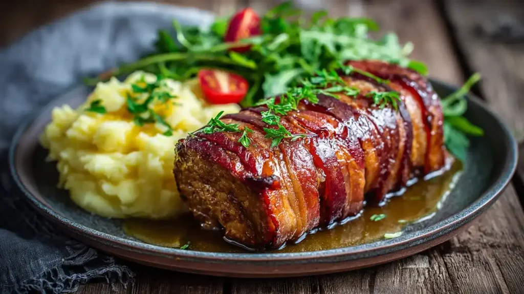 Saftiger Hackbraten im süßen Speckmantel mit knusprigem Bacon und Ahornsirupglasur auf rustikalem Teller