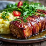 Saftiger Hackbraten im süßen Speckmantel mit knusprigem Bacon und Ahornsirupglasur auf rustikalem Teller