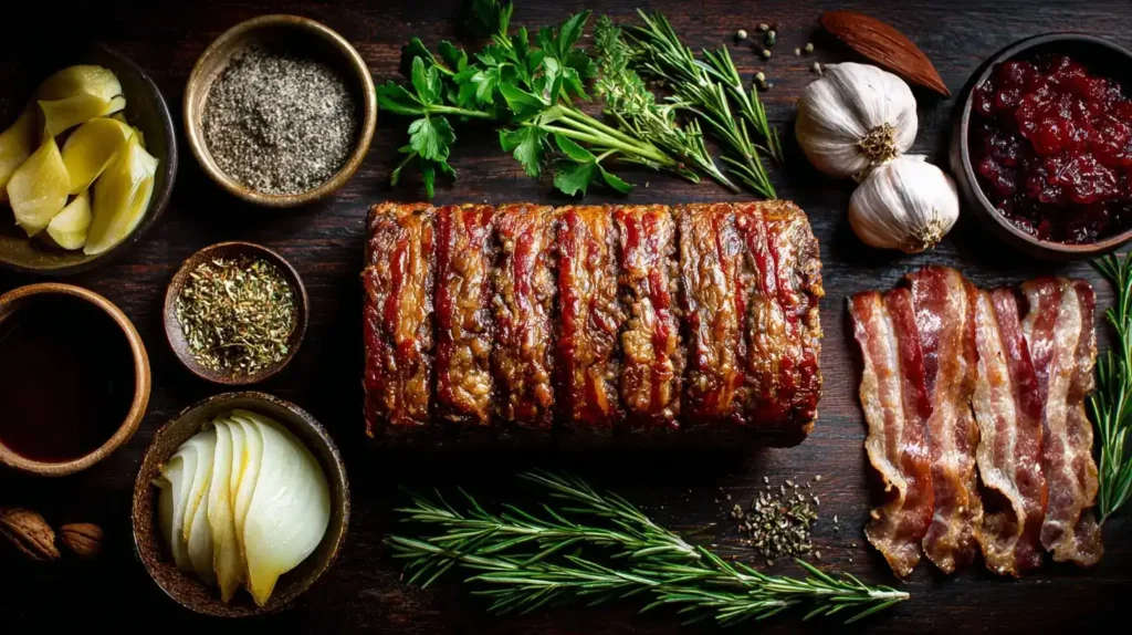 Top-down: Hackbraten im Zentrum, rundherum Hackfleisch, Bacon und Ahornsirup als Zutatenkomposition