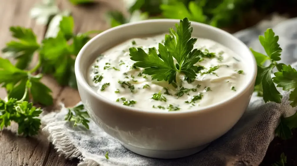 Cremiges Joghurt-Dressing in Schüssel mit frischen Kräutern