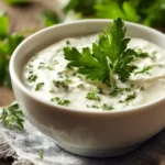 Cremiges Joghurt-Dressing in Schüssel mit frischen Kräutern