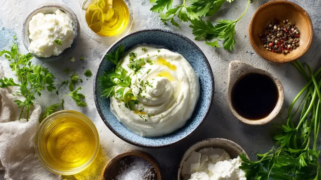 Joghurt-Dressing serviert zu buntem Salat und Gemüsesticks