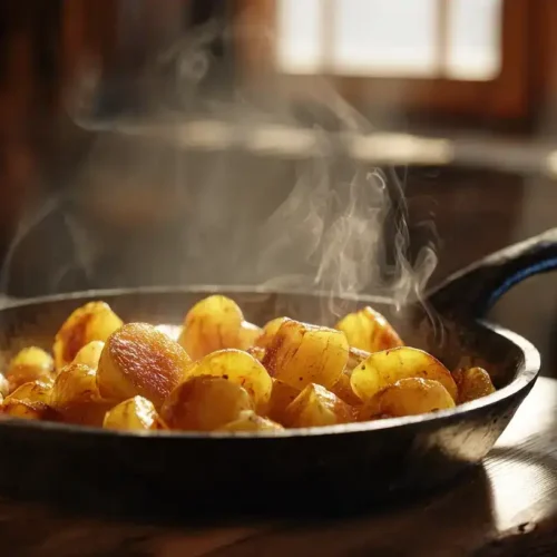 Klassische Bratkartoffeln goldbraun und knusprig serviert in einer Pfanne