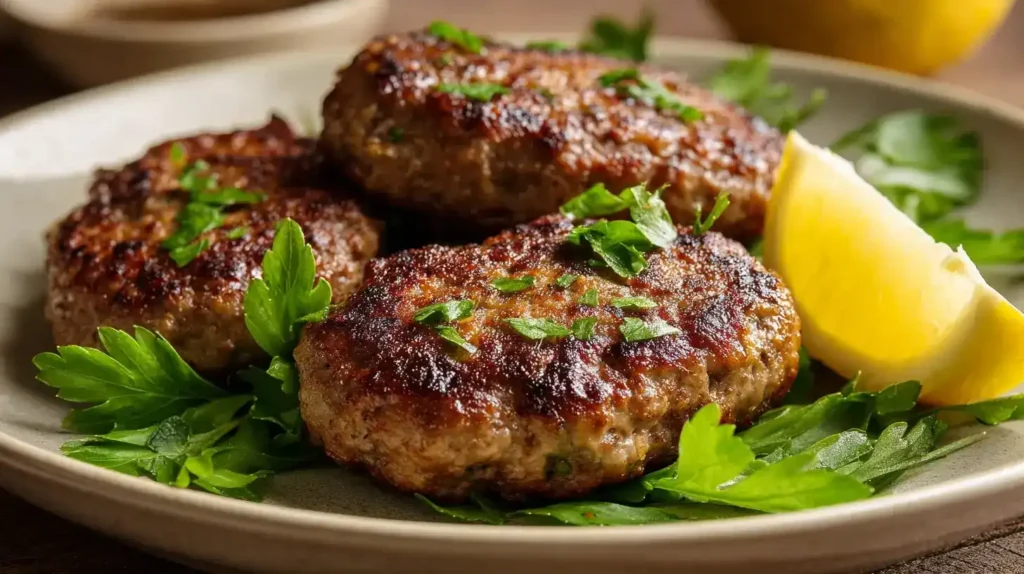Köfte selber machen – Türkische Frikadellen Saftige türkische Köfte frisch gebraten auf einem Teller serviert