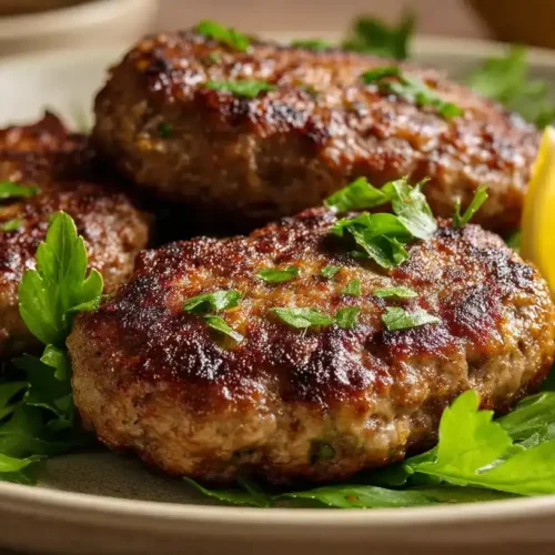 Saftige türkische Köfte frisch gebraten auf einem Teller serviert