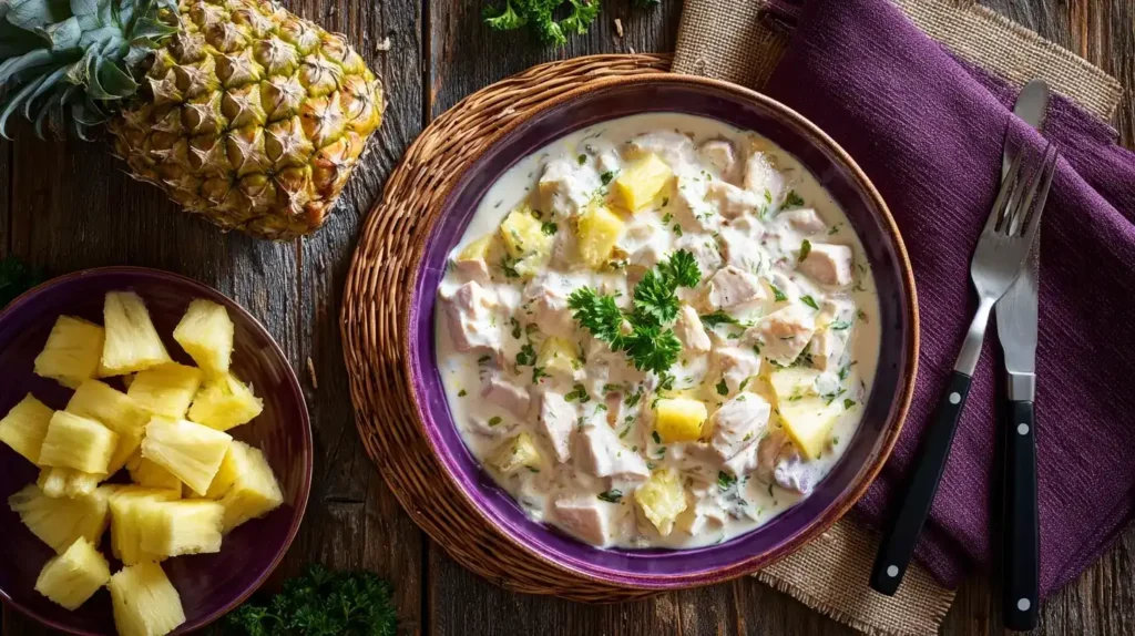 Putengeschnetzeltes mit Ananas serviert mit Reis und frischem Gemüse