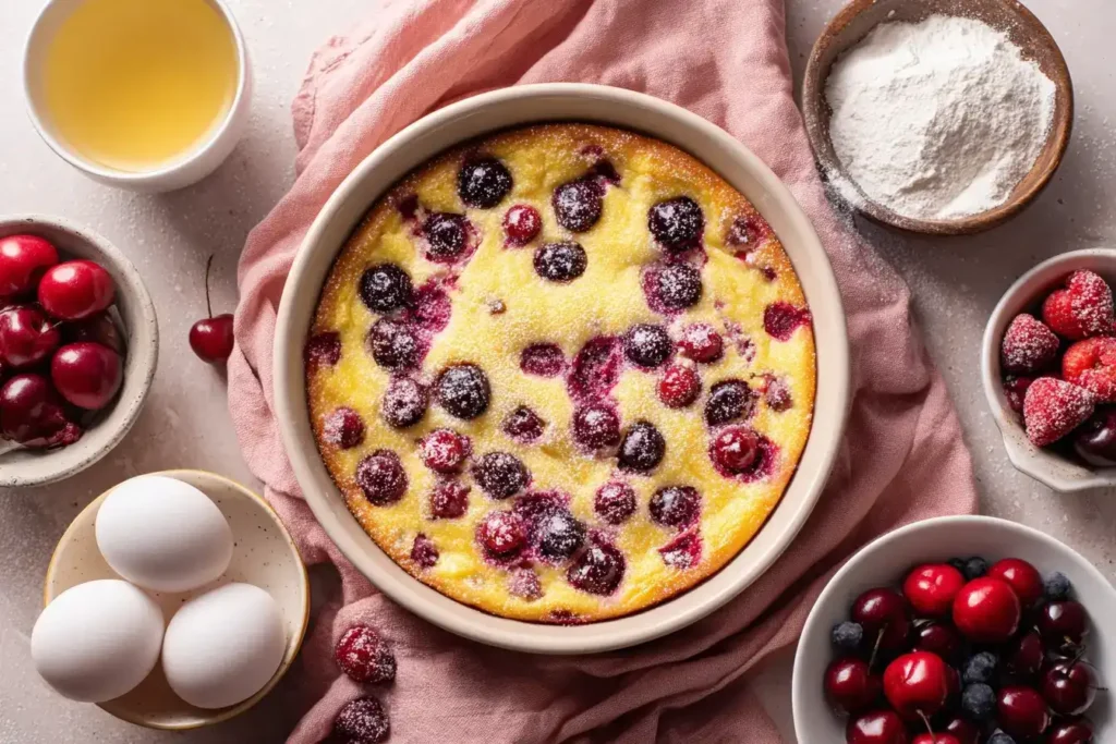 Quark-Grieß-Auflauf mit Obst frisch gebacken in Auflaufform, goldbraun, serviert mit frischen Beeren und Vanillesauce