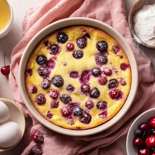 Quark-Grieß-Auflauf mit Obst frisch gebacken in Auflaufform, goldbraun, serviert mit frischen Beeren und Vanillesauce