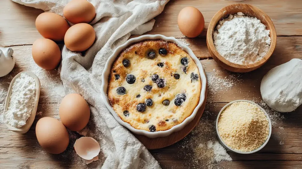 Zutaten für Quark-Grieß-Auflauf mit Obst, Eier, Quark, Grieß, Zucker und Beeren rund um das fertige Dessert angeordnet