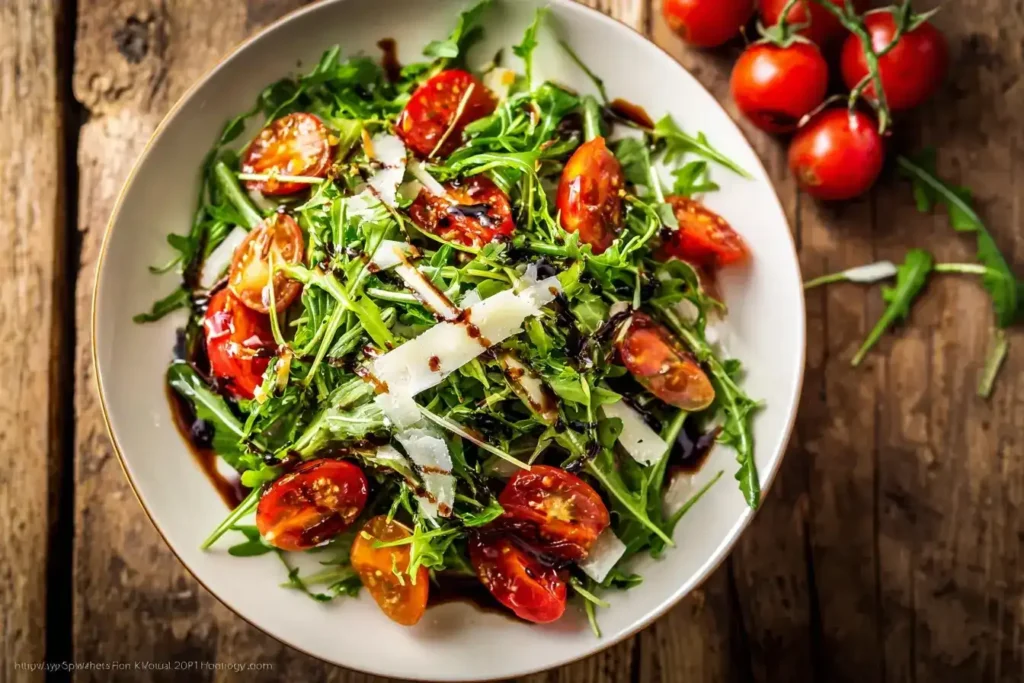 Rucola-Salat mit Tomaten – Schnell, Frisch & Einfach Rucola-Salat mit Tomaten mit Parmesan und Balsamico-Dressing
