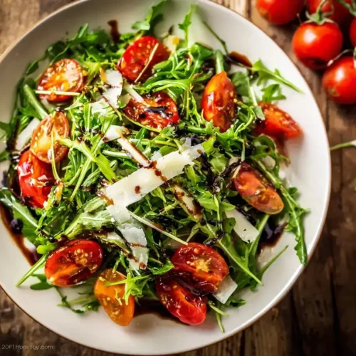 Rucola-Salat mit Tomaten mit Parmesan und Balsamico-Dressing