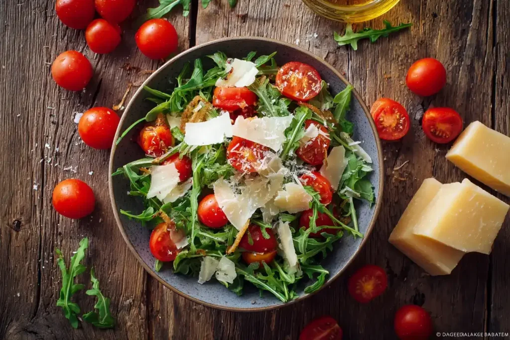 Zutaten für Rucola-Salat mit Tomaten, Rucola, Kirschtomaten und Parmesan