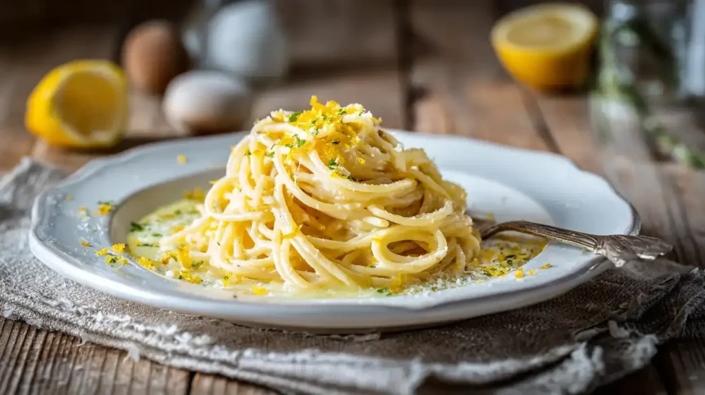 Cremige Spaghetti al Limone mit frischem Zitronenabrieb und Parmesan auf weißem Teller
