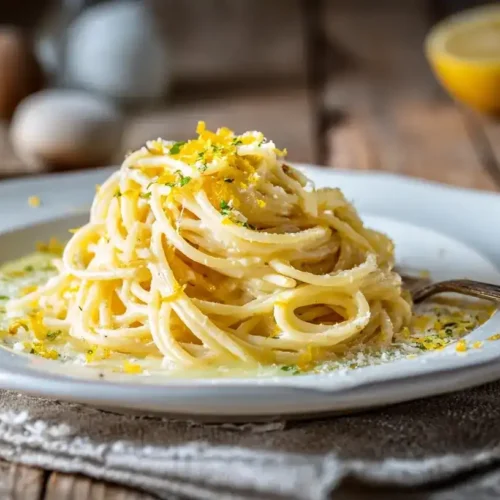 Cremige Spaghetti al Limone mit frischem Zitronenabrieb und Parmesan auf weißem Teller
