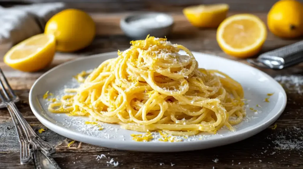 Servierte Spaghetti al Limone auf Tisch mit frischen Zitronen und Parmesan