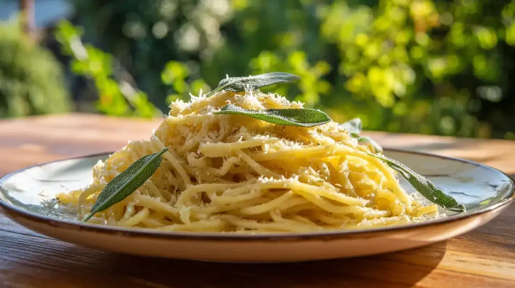 Spaghetti in Salbeibutter mit Knoblauch und Parmesan serviert auf Teller