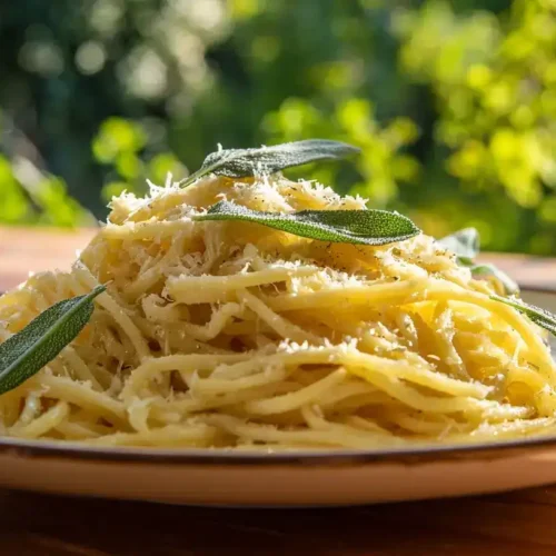 Spaghetti in Salbeibutter mit Knoblauch und Parmesan serviert auf Teller