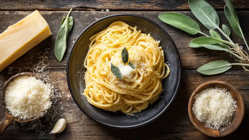 Spaghetti in Salbeibutter mit Knoblauch, Butter und frischem Salbei