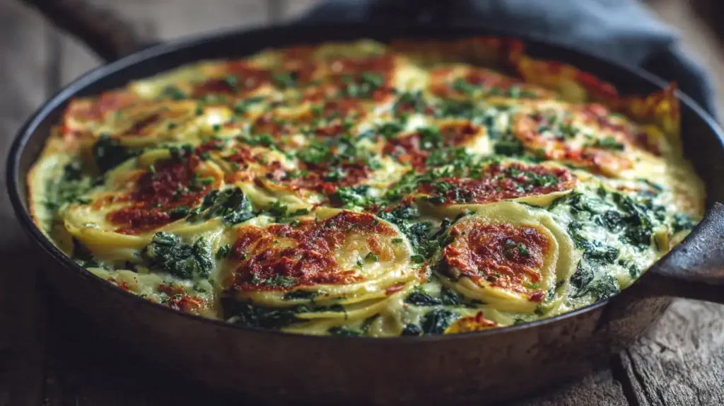 Spinat-Raviolo Frittata frisch aus dem Ofen, goldbraun und cremig
