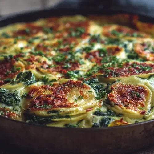 Spinat-Raviolo Frittata frisch aus dem Ofen, goldbraun und cremig
