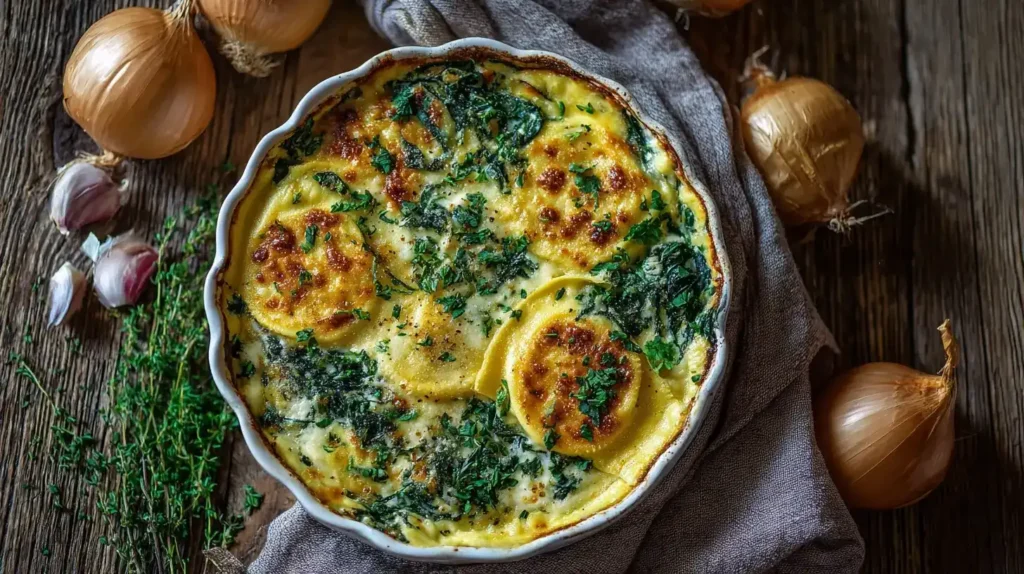 Spinat-Raviolo Frittata mit Mozzarella, Pecorino und Eiern