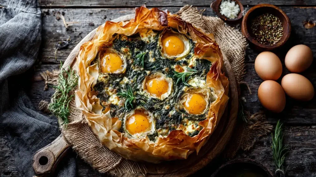 Fertige Spinattorte mit Ricotta und Ei-Nestern auf einem Holzbrett serviert