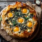 Fertige Spinattorte mit Ricotta und Ei-Nestern auf einem Holzbrett serviert