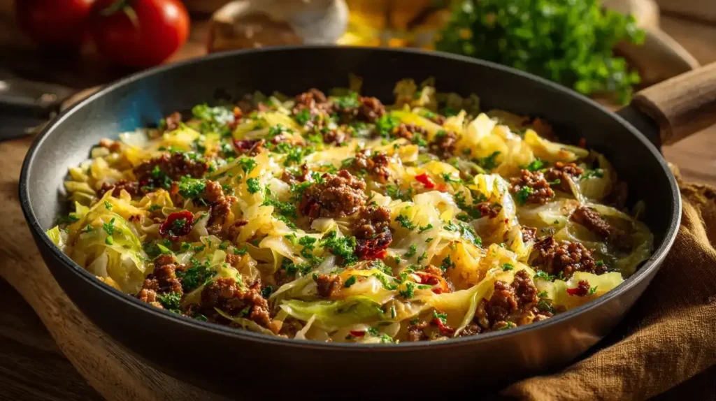 Spitzkohlpfanne mit Hackfleisch Spitzkohlpfanne mit Hackfleisch serviert in Pfanne, cremig und herzhaft