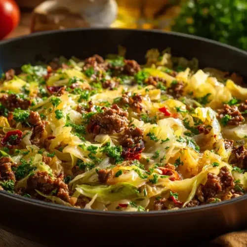 Spitzkohlpfanne mit Hackfleisch serviert in Pfanne, cremig und herzhaft