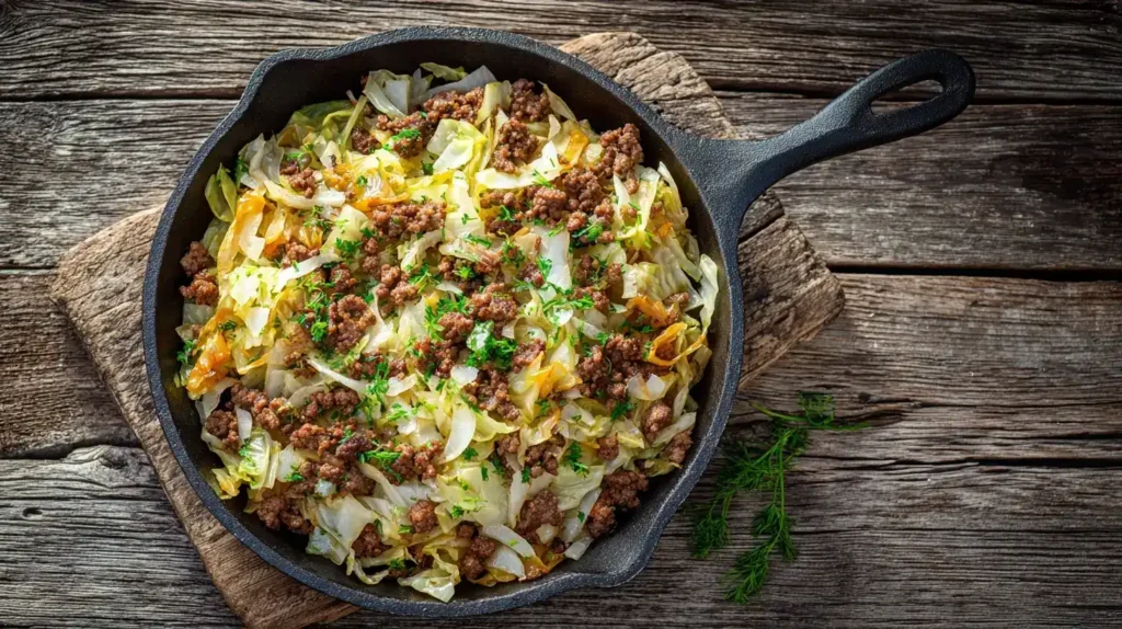 Spitzkohlpfanne mit Hackfleisch im Zentrum, umgeben von Kohl, Zwiebeln und Hackfleisch