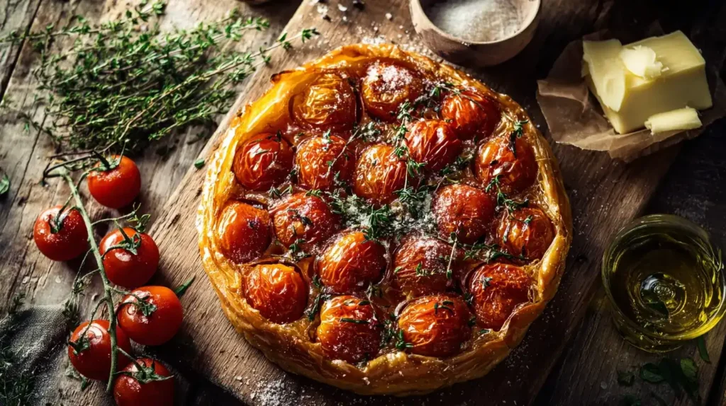 aufgeschnittene Tomaten Tarte Tatin mit knusprigem Blätterteig