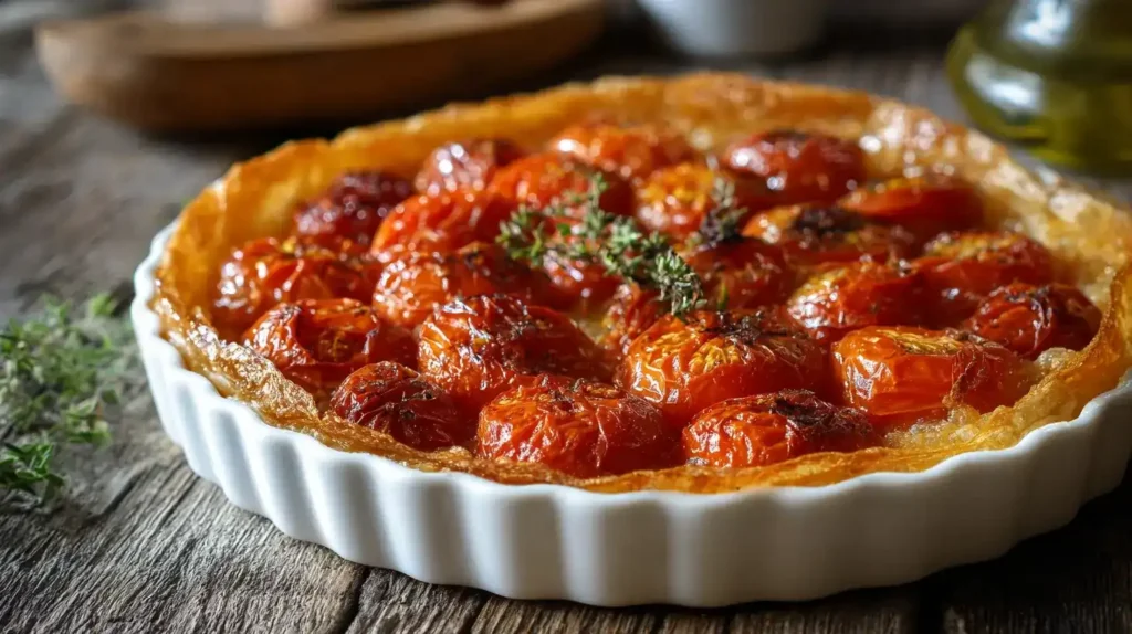 frisch gebackene Tomaten Tarte Tatin mit karamellisierten Kirschtomaten