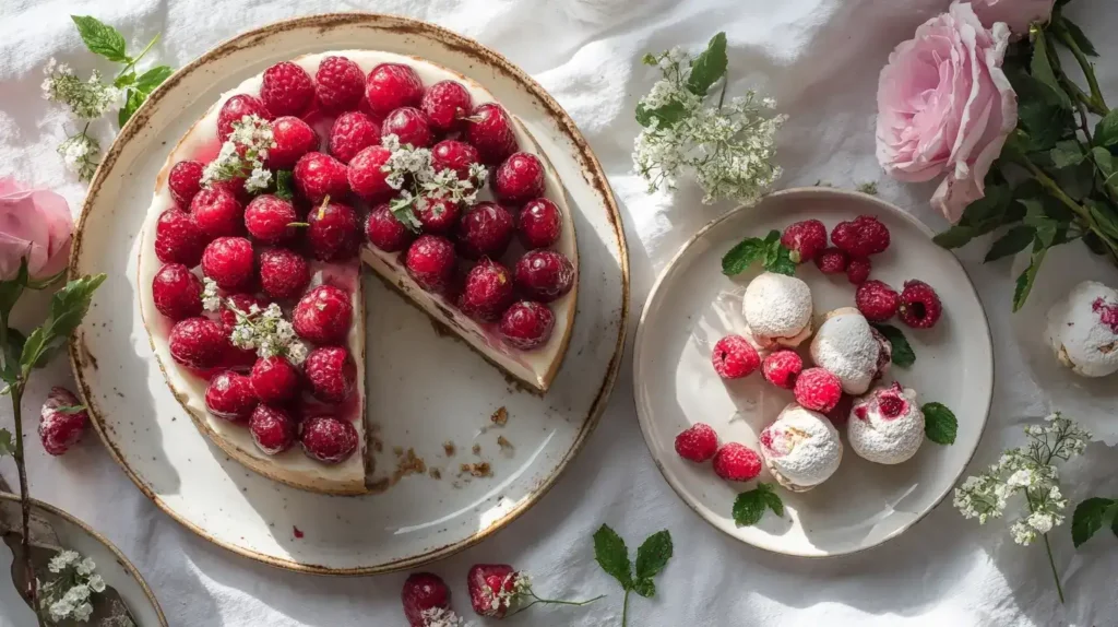 Windbeuteltorte mit Beeren angeschnitten, Creme sichtbar