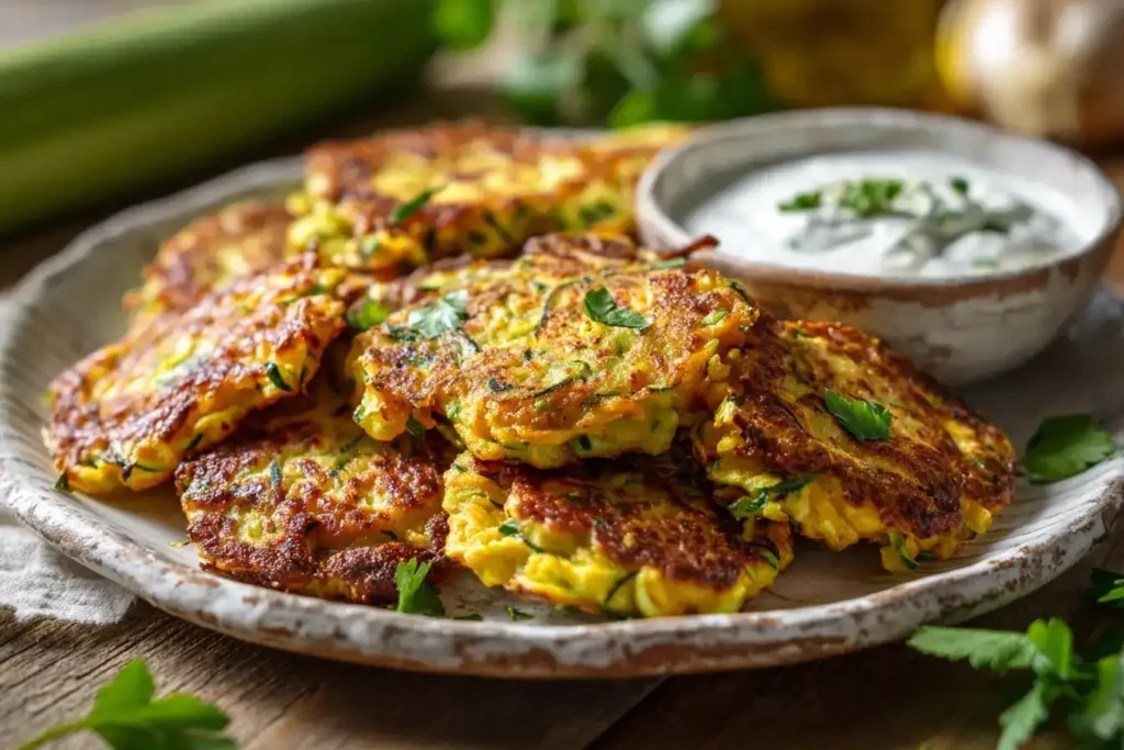 Knusprige Zucchini-Möhren-Puffer auf Teller mit Dip und Kräutern