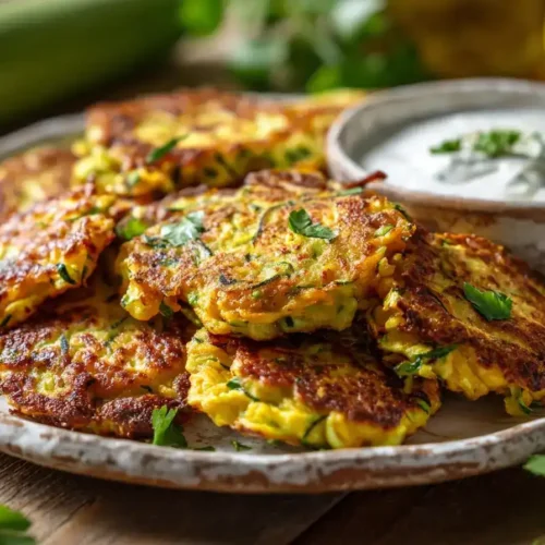 Knusprige Zucchini-Möhren-Puffer auf Teller mit Dip und Kräutern